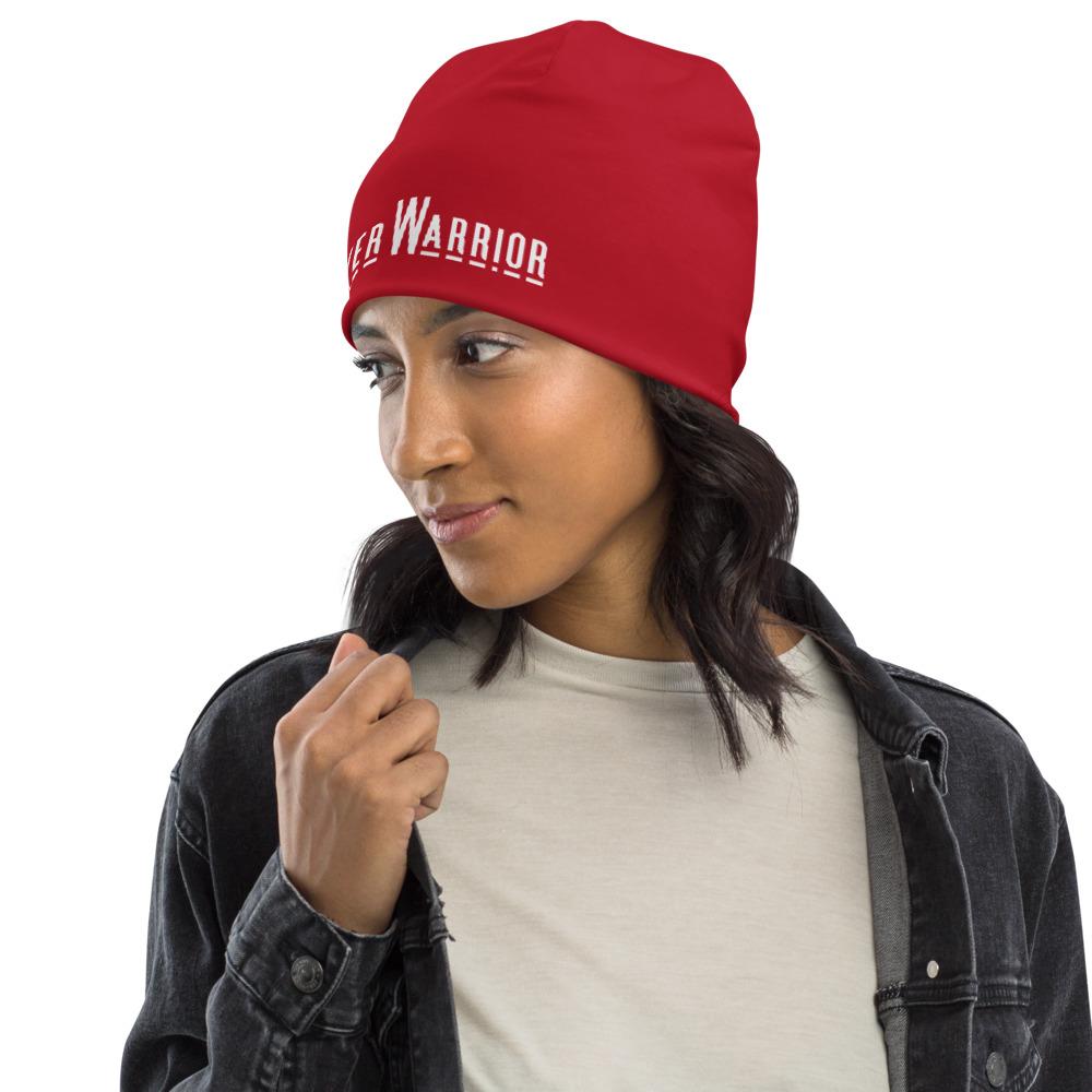 Red slouchy beanie hat featuring a Prayer Warrior print, designed for both men and women, showcasing a trendy and stylish look.