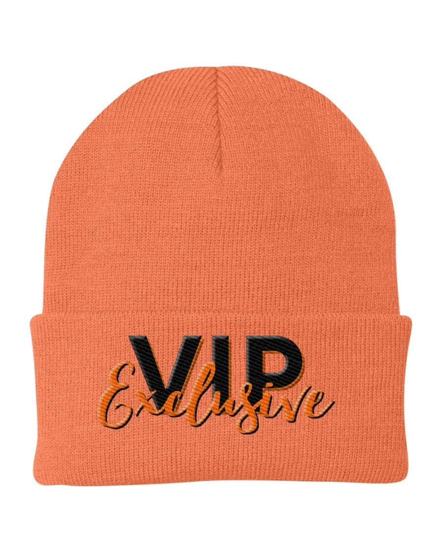 VIP Exclusive Knit Beanie Hat in stylish design, made from 100% acrylic, suitable for all genders and sizes.