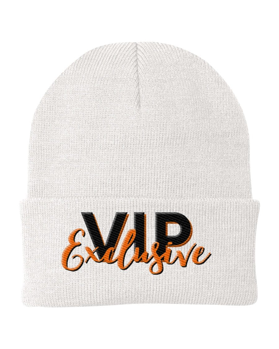 VIP Exclusive Knit Beanie Hat in stylish design, made from 100% acrylic, suitable for all genders and sizes.