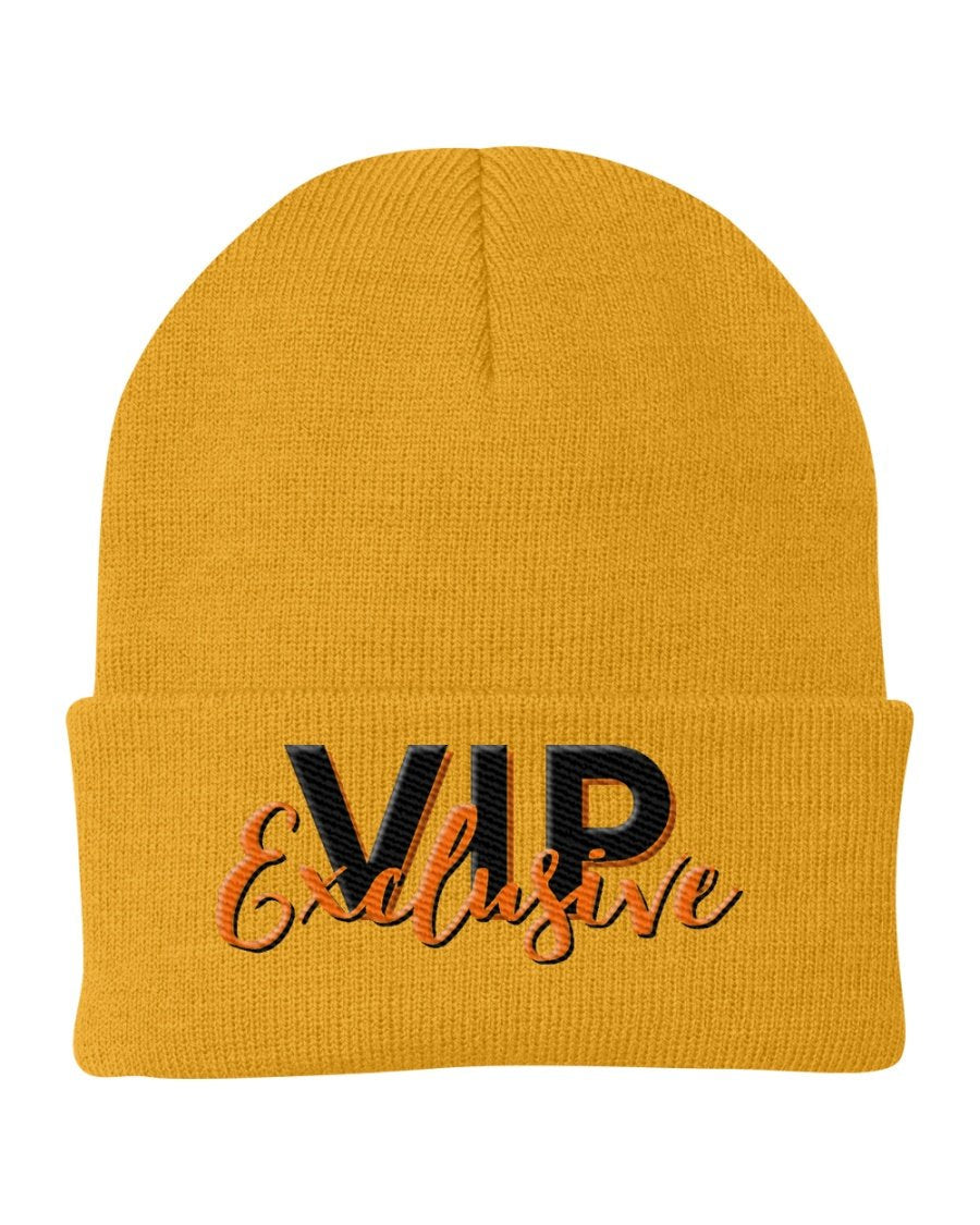 VIP Exclusive Knit Beanie Hat in stylish design, made from 100% acrylic, suitable for all genders and sizes.