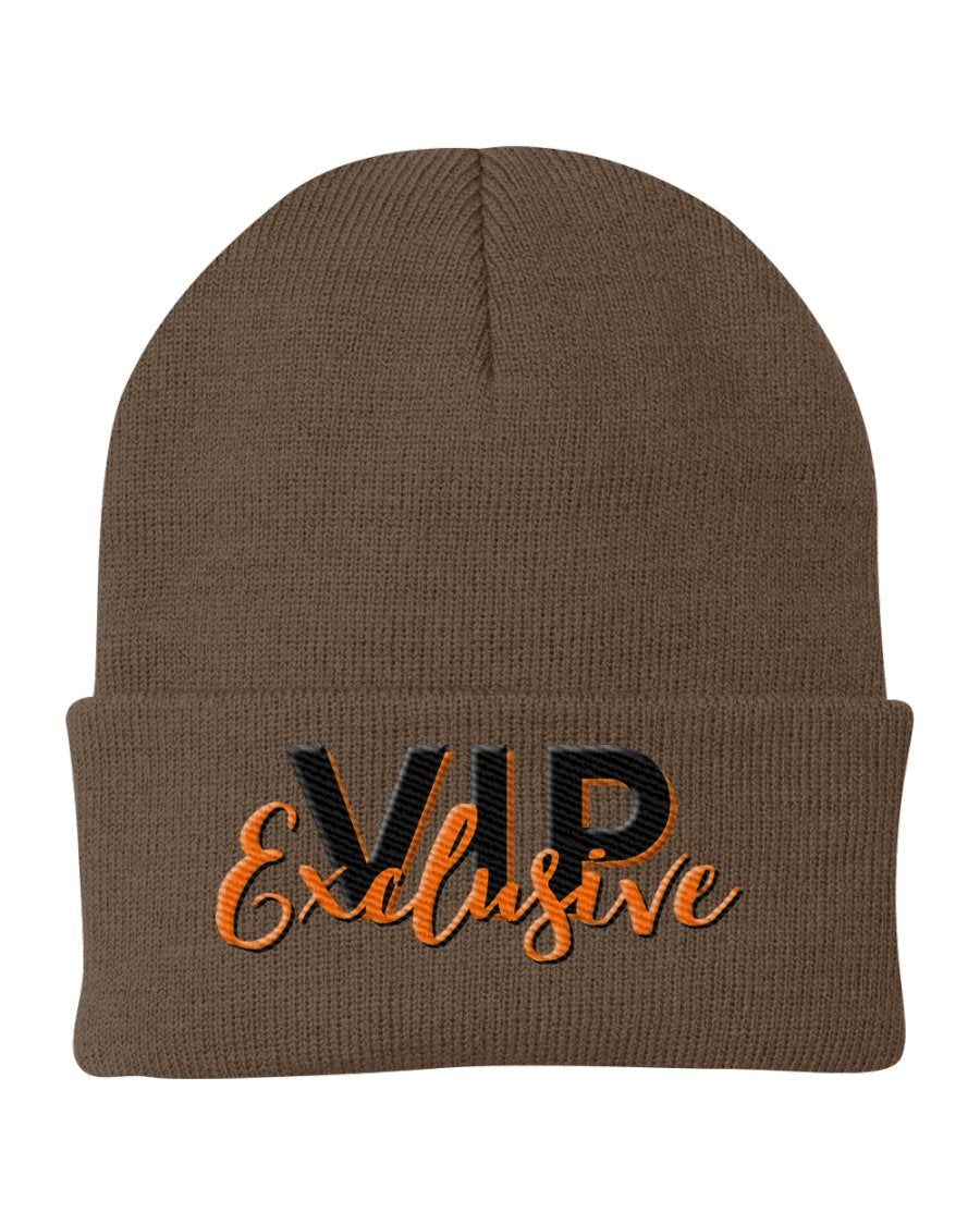 VIP Exclusive Knit Beanie Hat in stylish design, made from 100% acrylic, suitable for all genders and sizes.