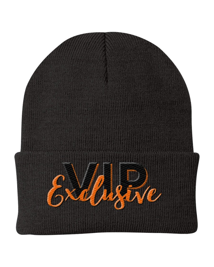 VIP Exclusive Knit Beanie Hat in stylish design, made from 100% acrylic, suitable for all genders and sizes.