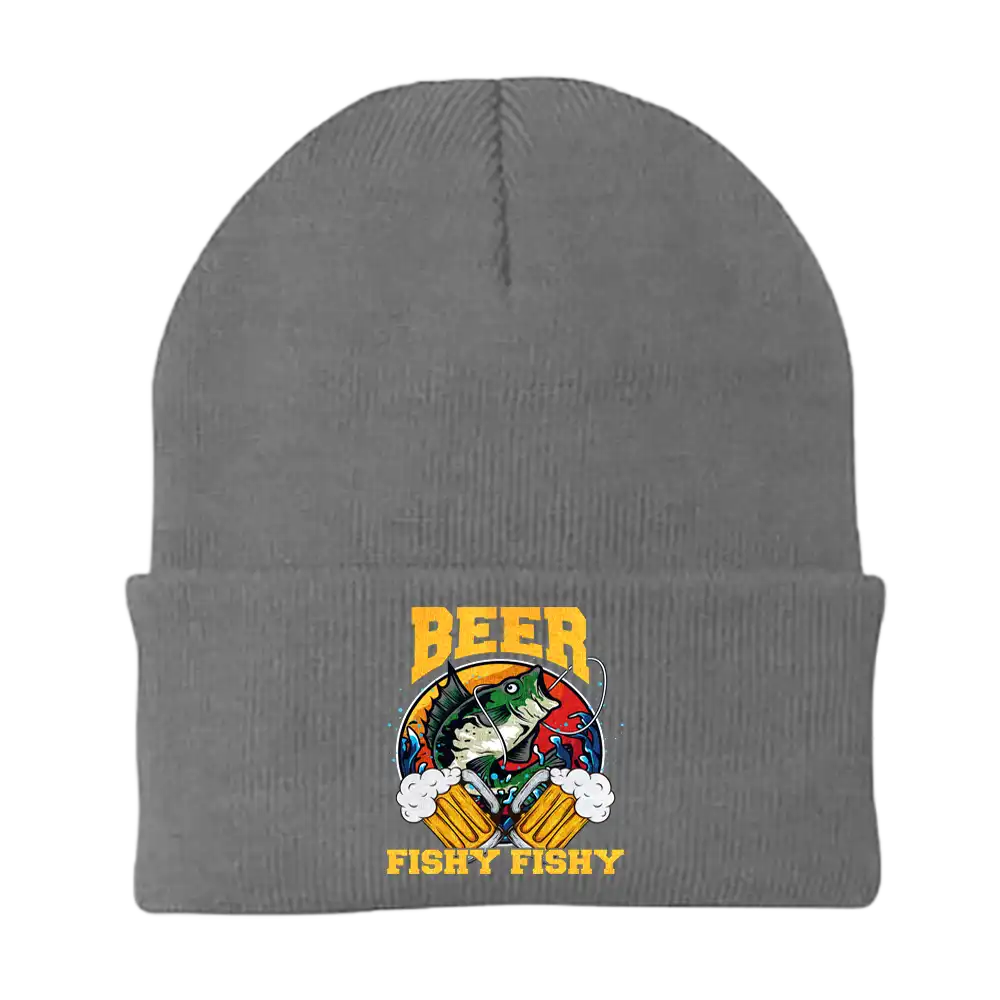 Beer Fishy Fishy 2 Embroidered Beanie showcasing unique embroidery and comfortable fit.