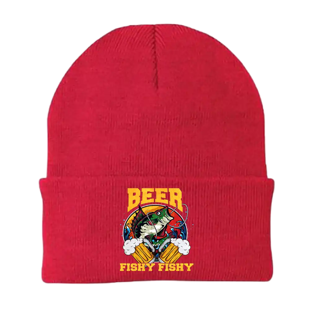 Beer Fishy Fishy 2 Embroidered Beanie showcasing unique embroidery and comfortable fit.