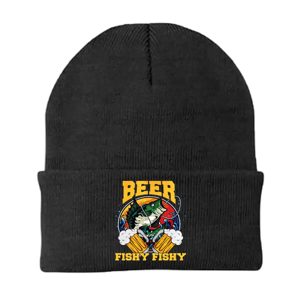 Beer Fishy Fishy 2 Embroidered Beanie showcasing unique embroidery and comfortable fit.