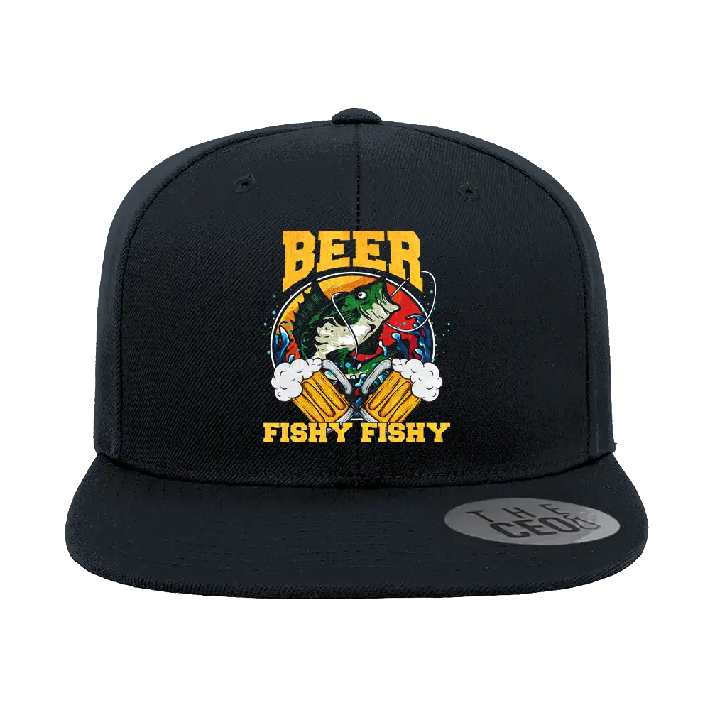 Beer Fishy Fishy 2 Printed Flat Bill Cap featuring a structured design and green under visor.