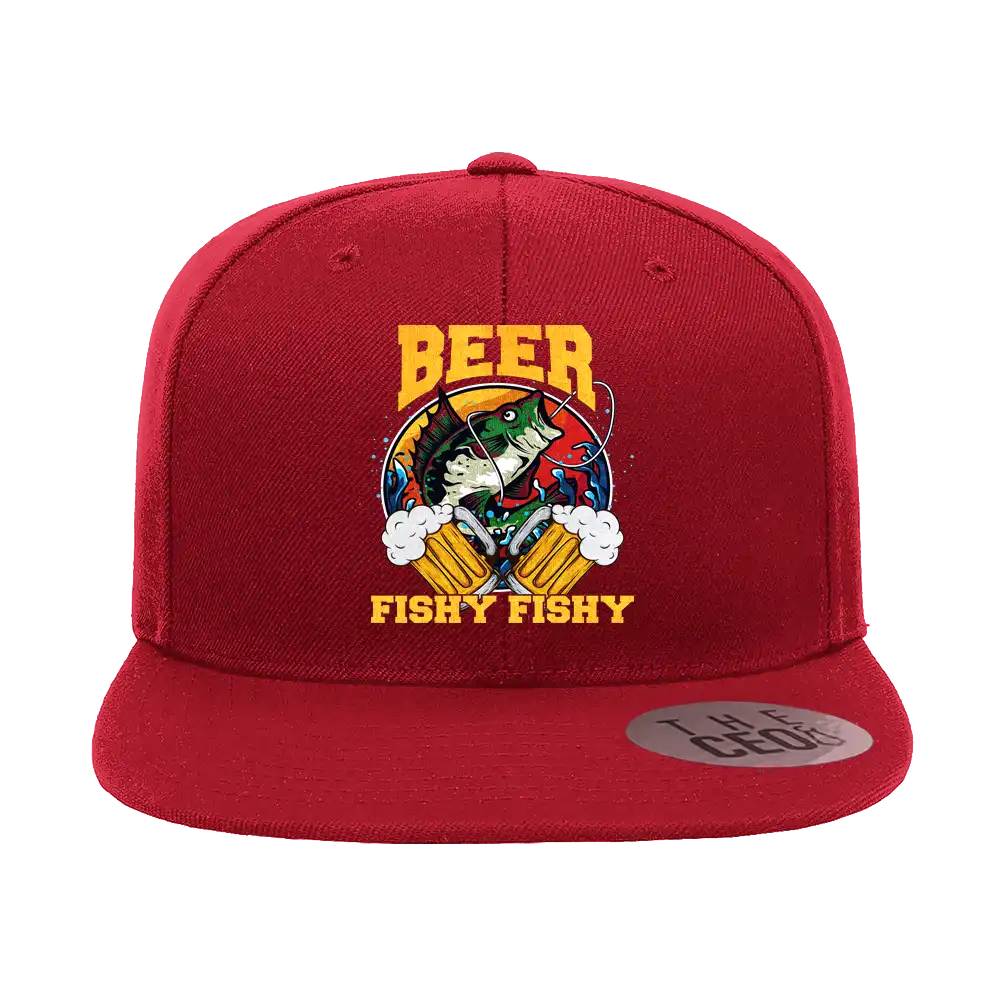 Beer Fishy Fishy 2 Printed Flat Bill Cap featuring a structured design and green under visor.