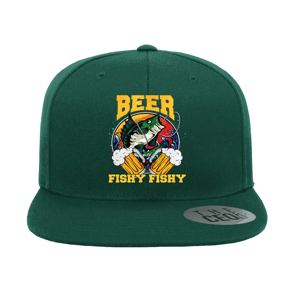 Beer Fishy Fishy 2 Printed Flat Bill Cap featuring a structured design and green under visor.