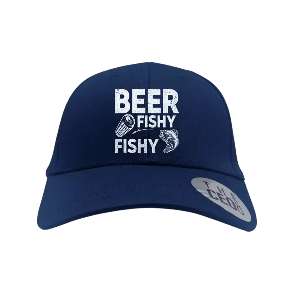 Beer Fishy Fishy Embroidered Baseball Hat featuring a unique design, made of 100% cotton with a snapback closure.