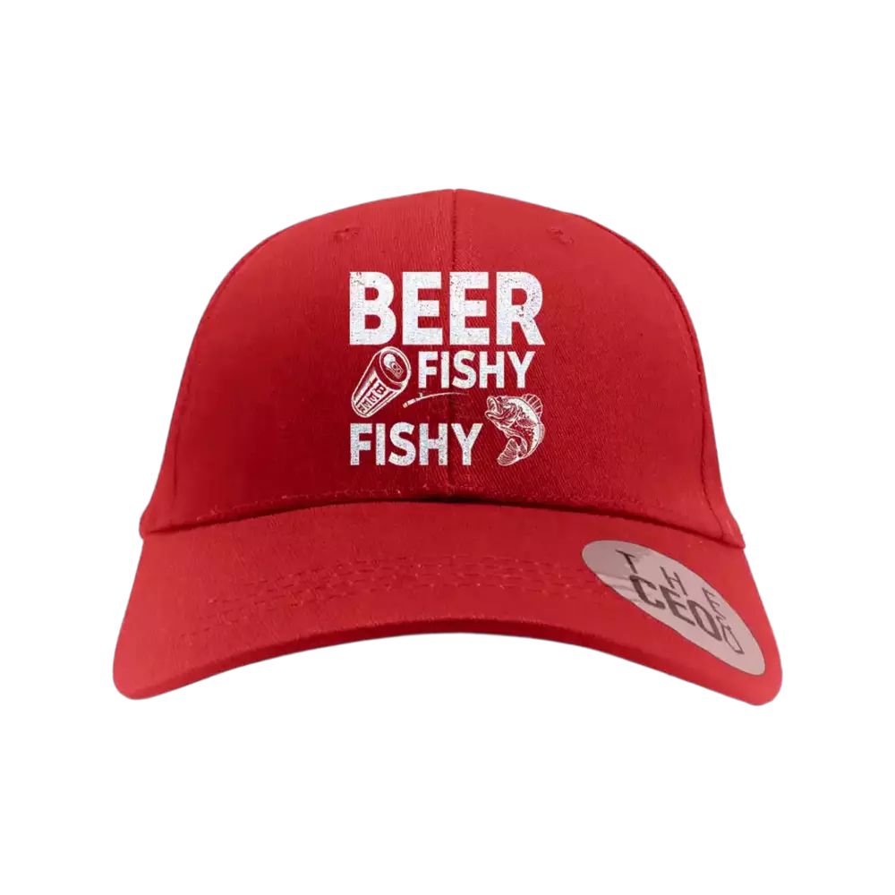 Beer Fishy Fishy Embroidered Baseball Hat featuring a unique design, made of 100% cotton with a snapback closure.