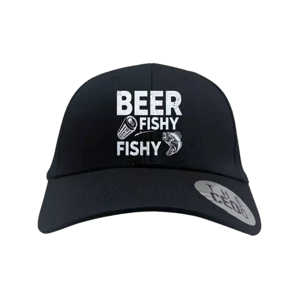 Beer Fishy Fishy Embroidered Baseball Hat featuring a unique design, made of 100% cotton with a snapback closure.