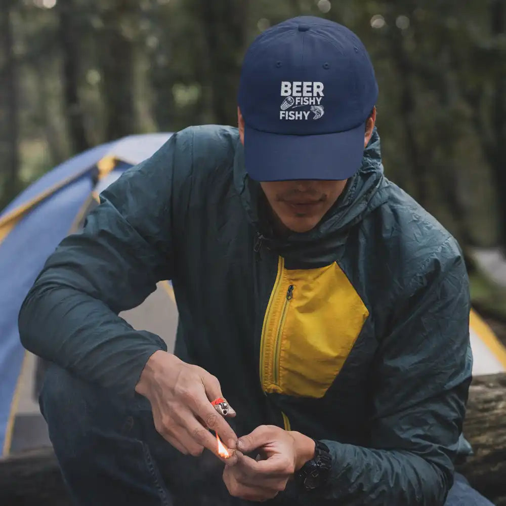 Beer Fishy Fishy Embroidered Baseball Hat featuring a unique design, made of 100% cotton with a snapback closure.