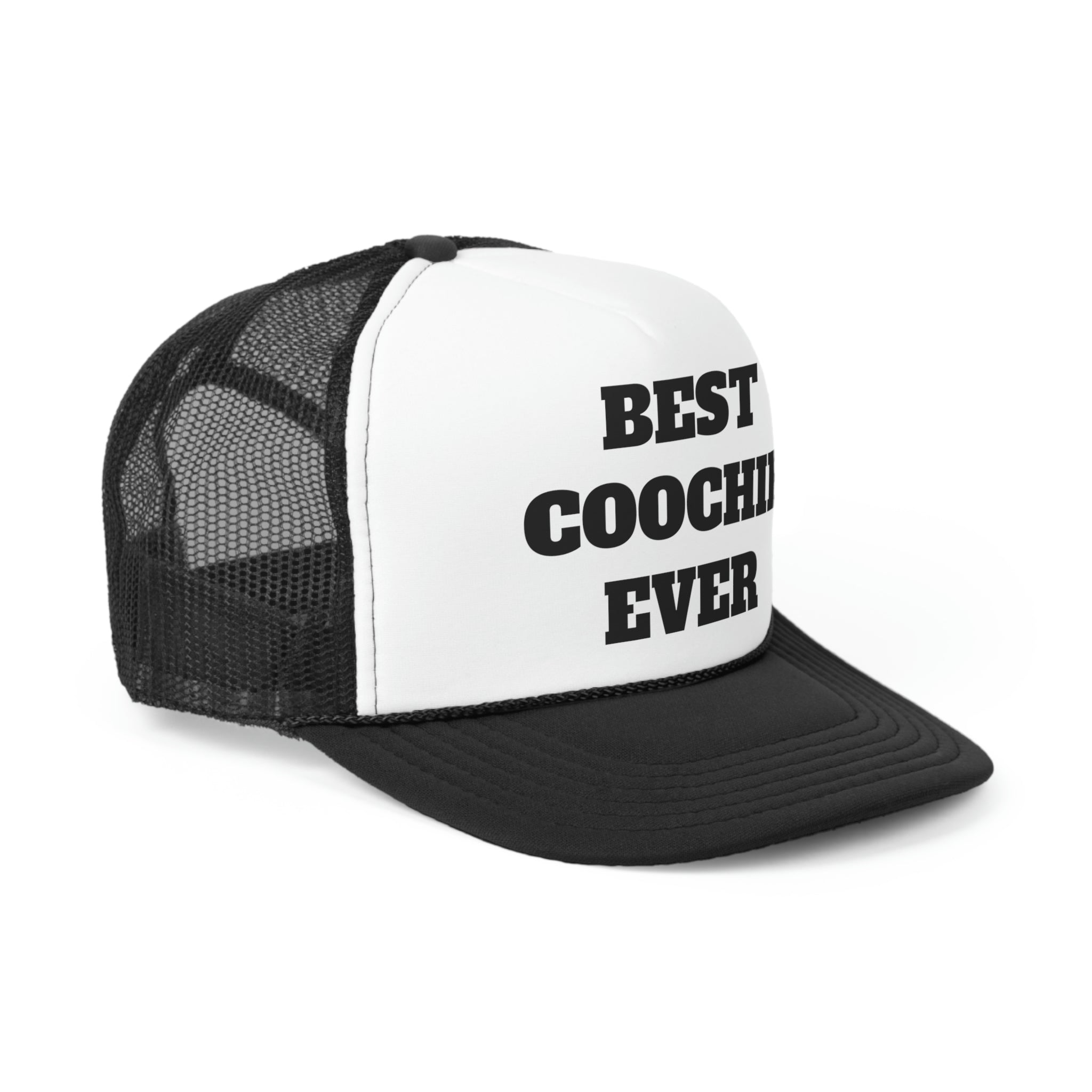 Best Coochie Ever Funny Trucker Hat featuring a humorous slogan on a durable polyester front and breathable nylon mesh back.