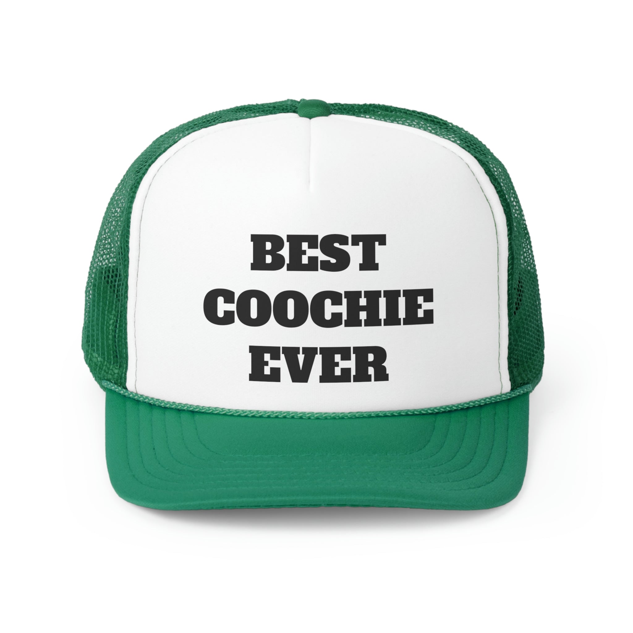 Best Coochie Ever Funny Trucker Hat featuring a humorous slogan on a durable polyester front and breathable nylon mesh back.