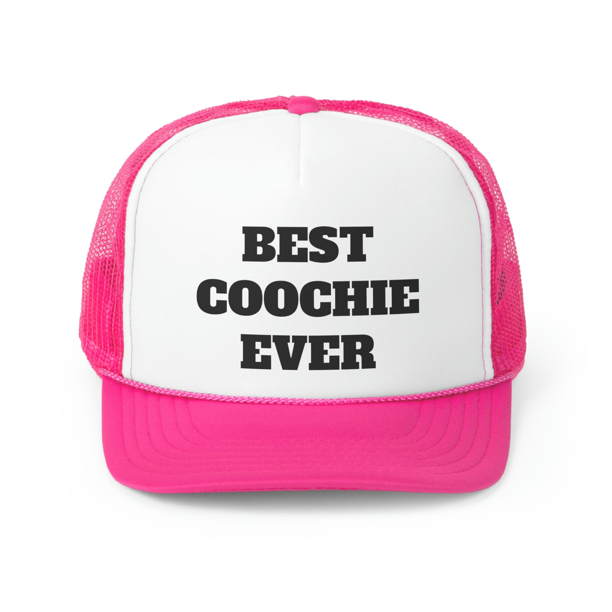 Best Coochie Ever Funny Trucker Hat featuring a humorous slogan on a durable polyester front and breathable nylon mesh back.