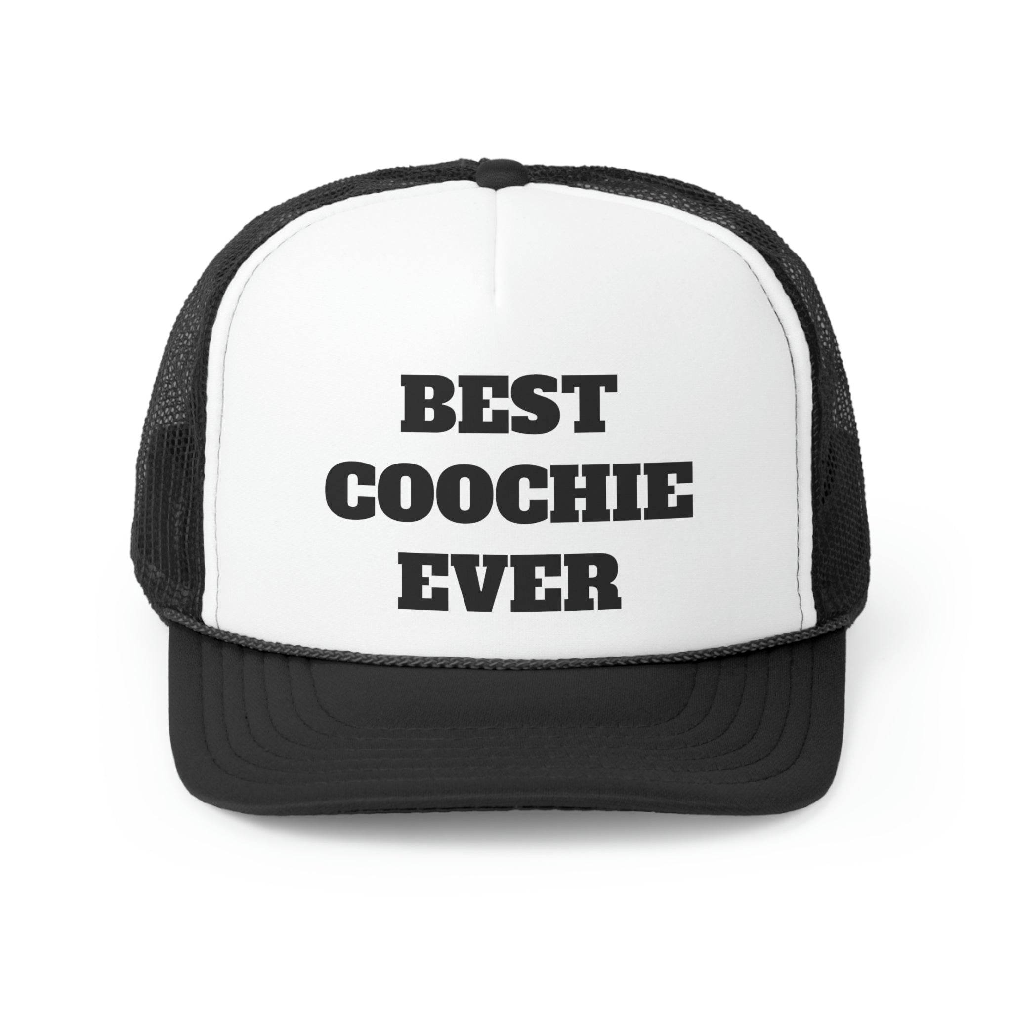 Best Coochie Ever Funny Trucker Hat featuring a humorous slogan on a durable polyester front and breathable nylon mesh back.