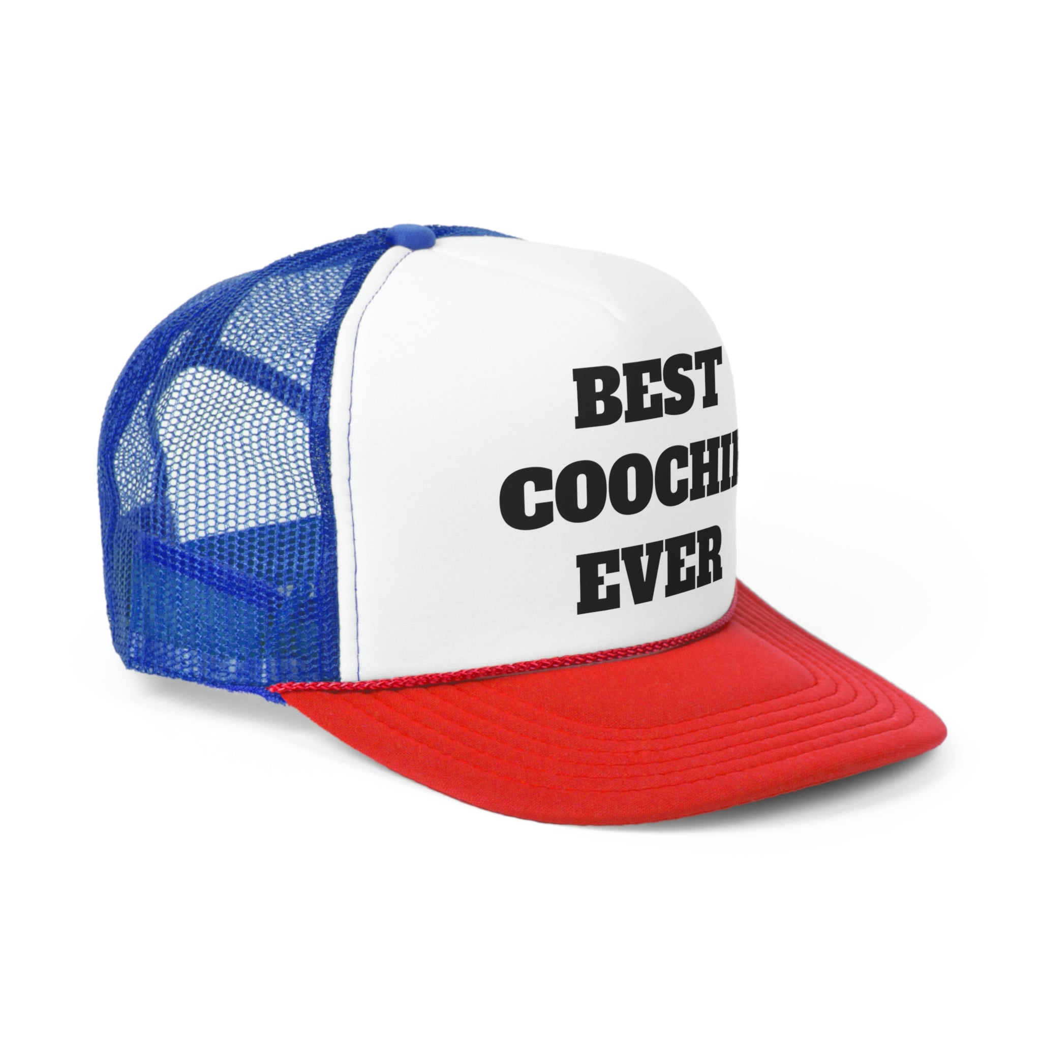 Best Coochie Ever Funny Trucker Hat featuring a humorous slogan on a durable polyester front and breathable nylon mesh back.