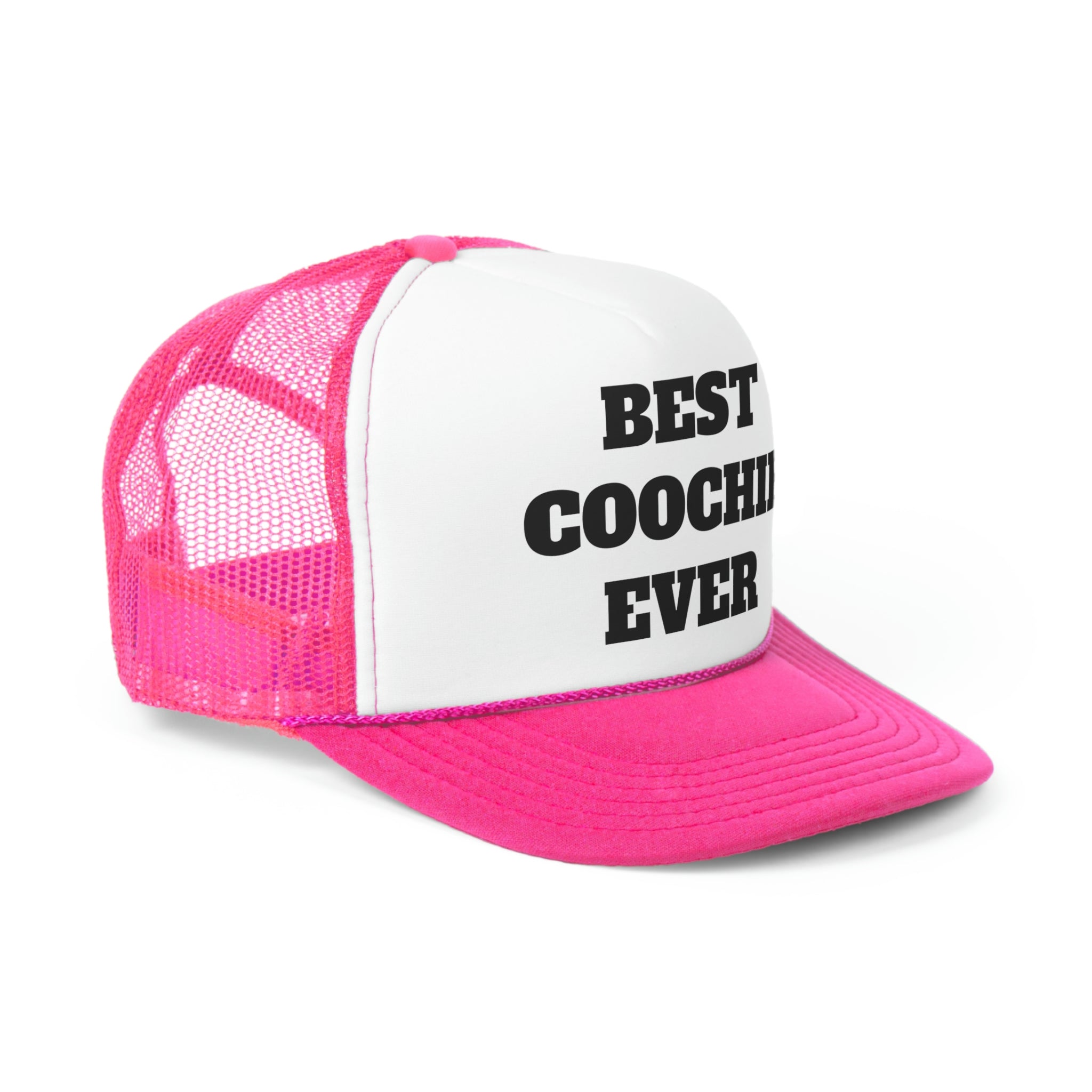 Best Coochie Ever Funny Trucker Hat featuring a humorous slogan on a durable polyester front and breathable nylon mesh back.