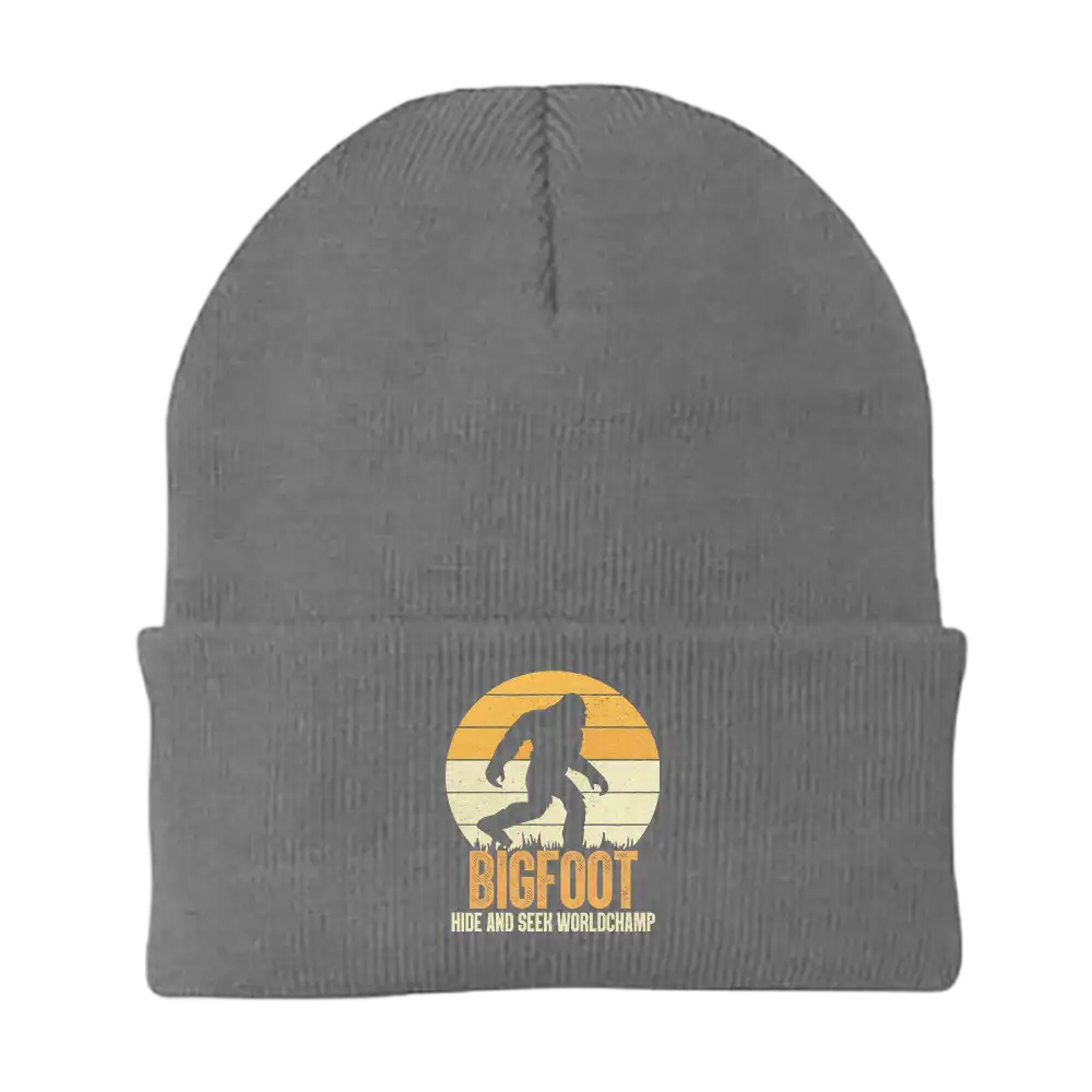 Bigfoot Hide And Seek Embroidered Beanie featuring a playful Bigfoot design, made from a soft cotton-acrylic blend.