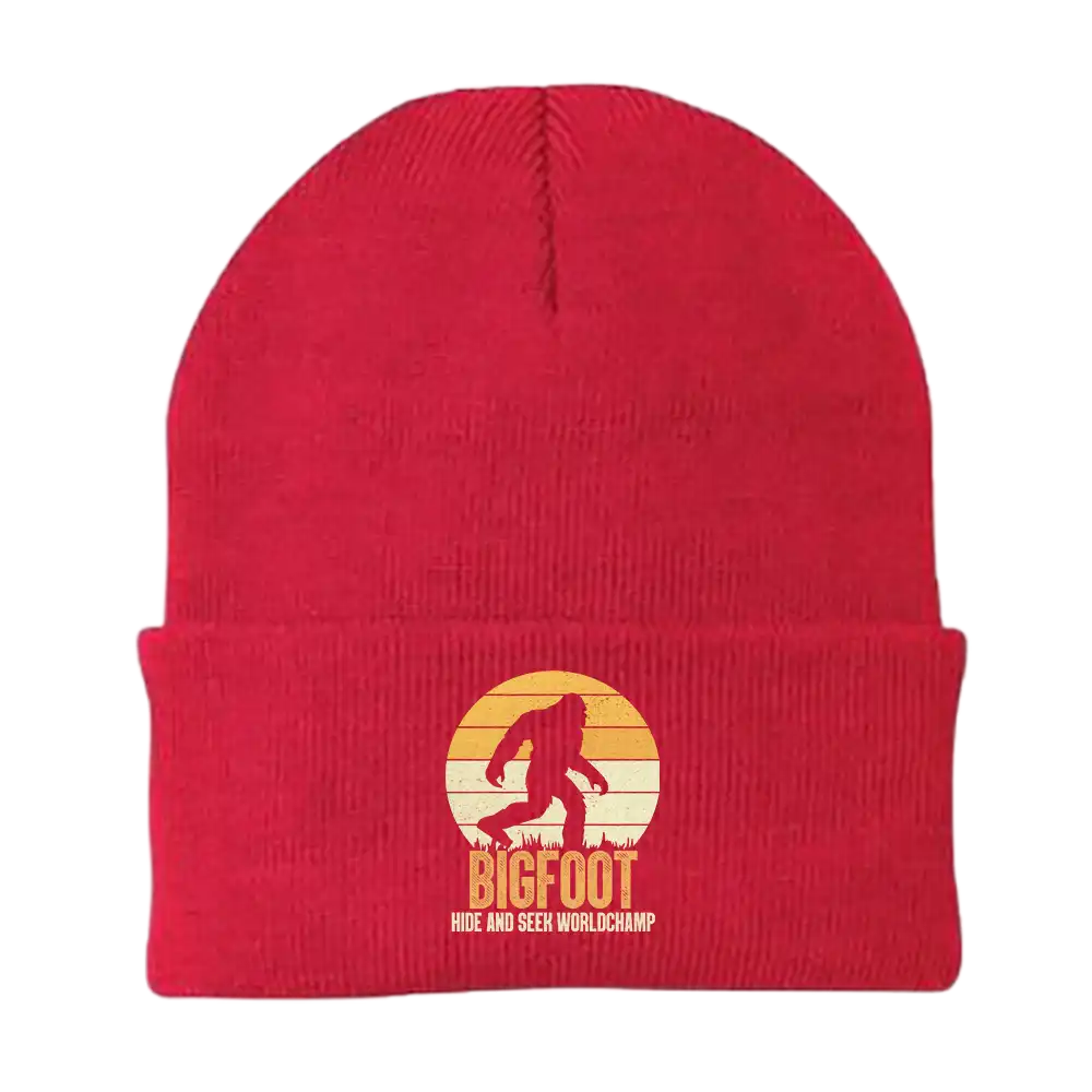 Bigfoot Hide And Seek Embroidered Beanie featuring a playful Bigfoot design, made from a soft cotton-acrylic blend.