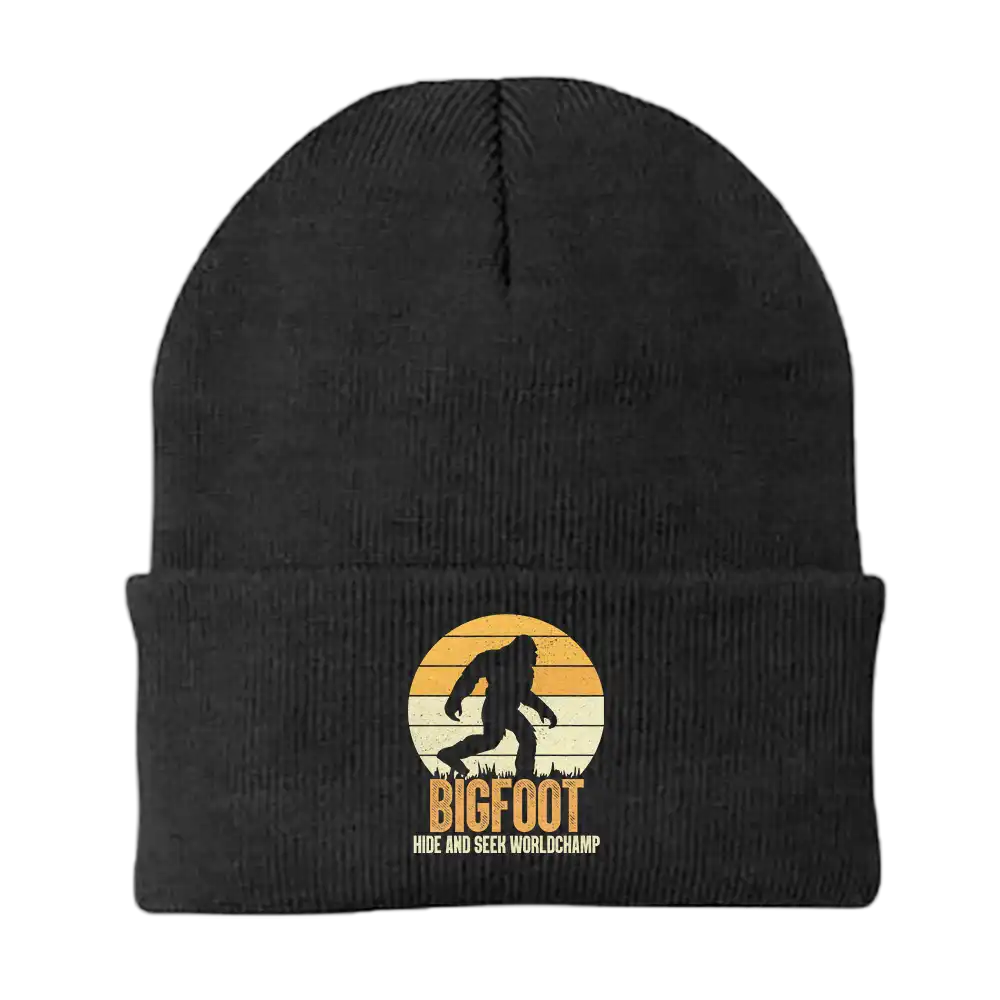 Bigfoot Hide And Seek Embroidered Beanie featuring a playful Bigfoot design, made from a soft cotton-acrylic blend.