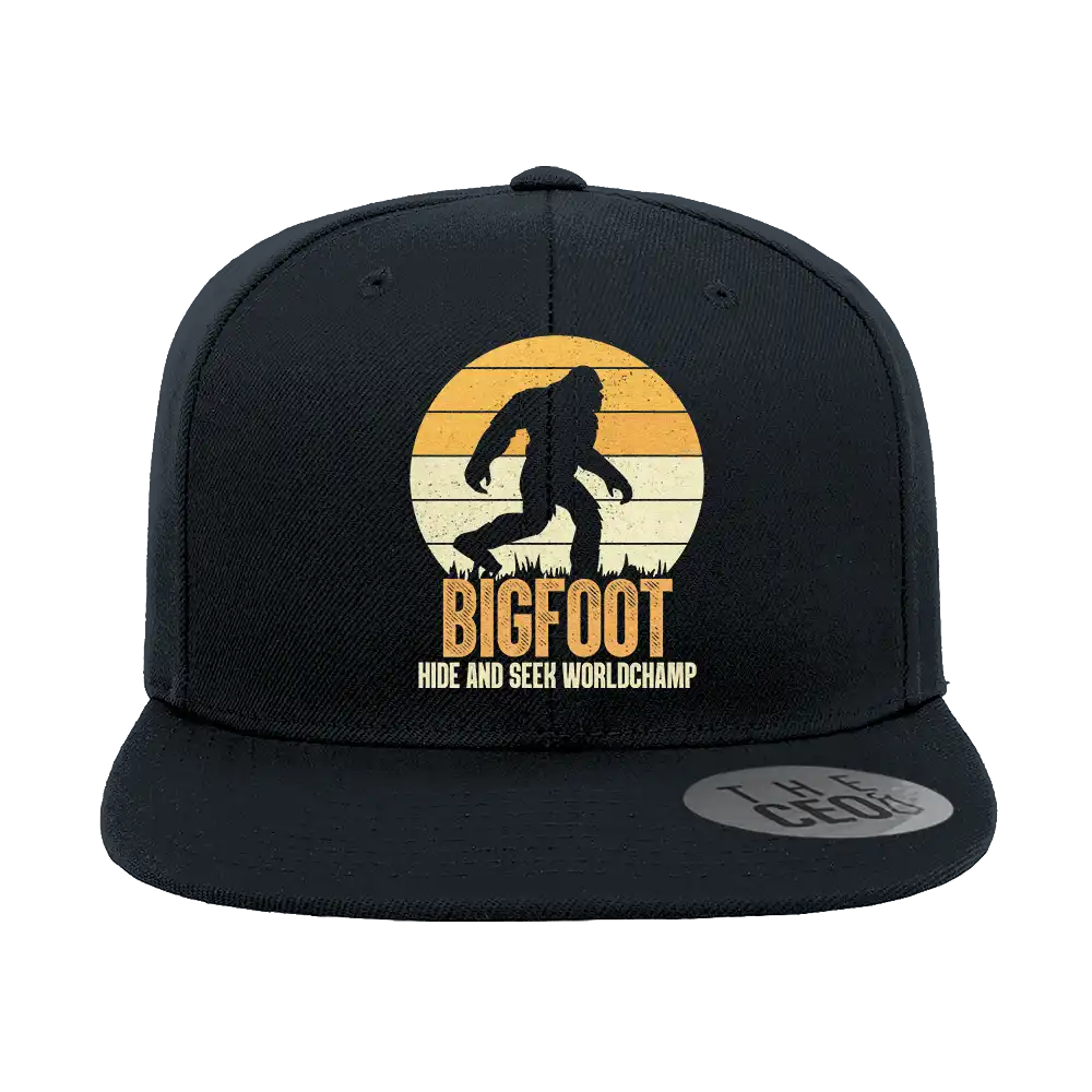 Bigfoot Hide And Seek Embroidered Flat Bill Cap featuring a structured design, green under visor, and snapback closure.