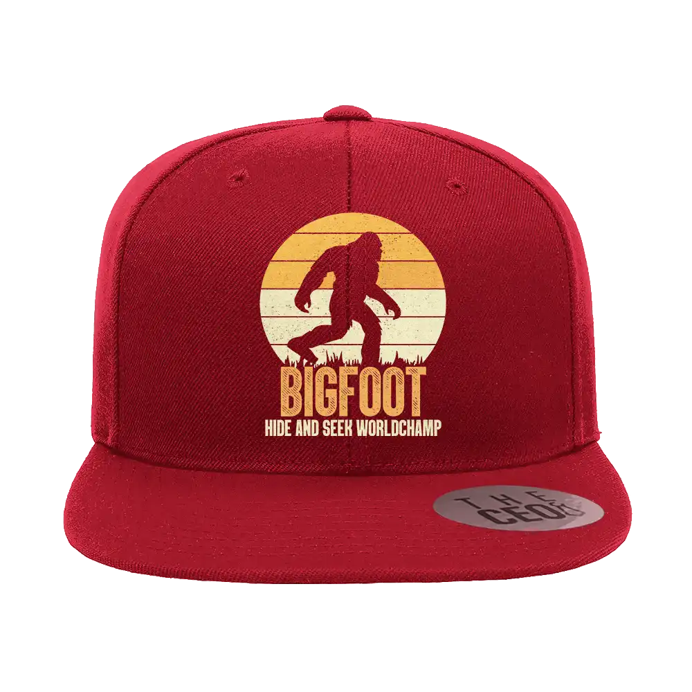 Bigfoot Hide And Seek Embroidered Flat Bill Cap featuring a structured design, green under visor, and snapback closure.