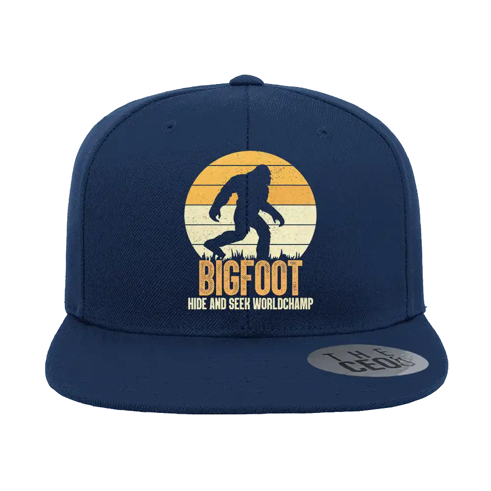 Bigfoot Hide And Seek Embroidered Flat Bill Cap featuring a structured design, green under visor, and snapback closure.