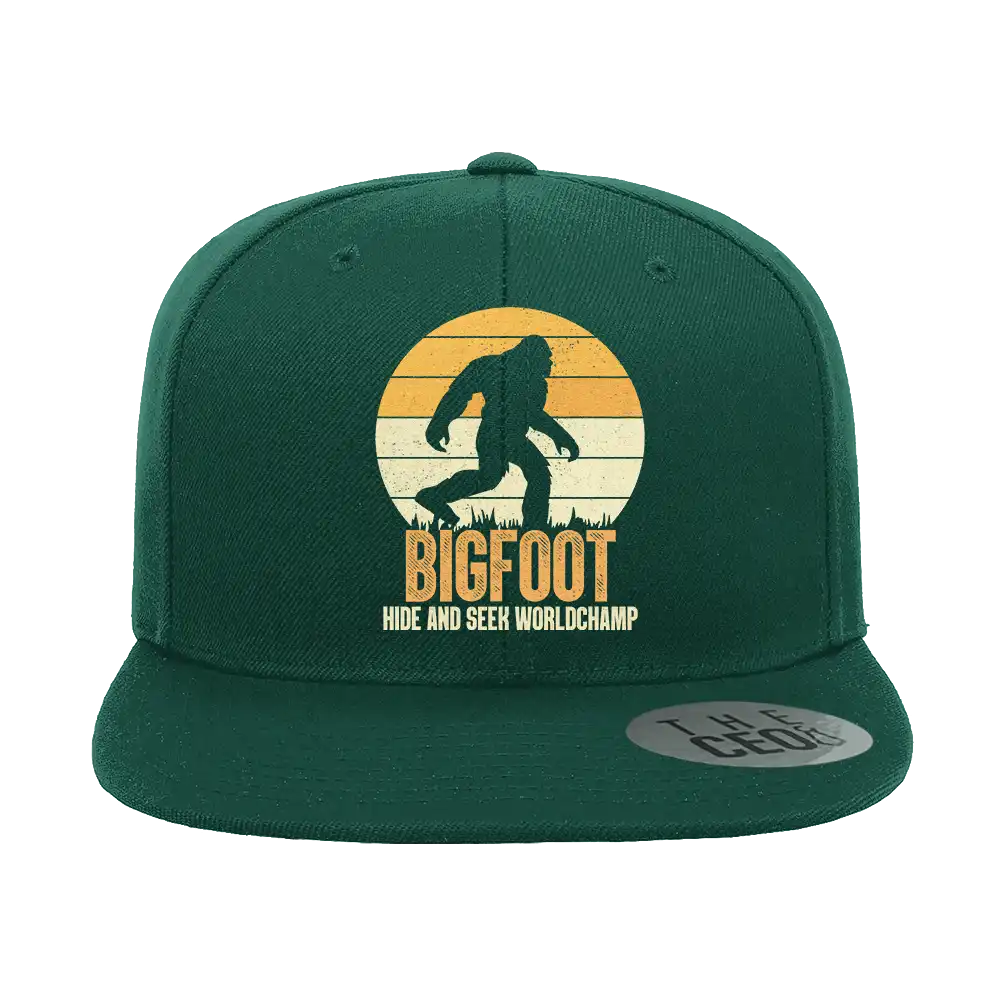 Bigfoot Hide And Seek Embroidered Flat Bill Cap featuring a structured design, green under visor, and snapback closure.