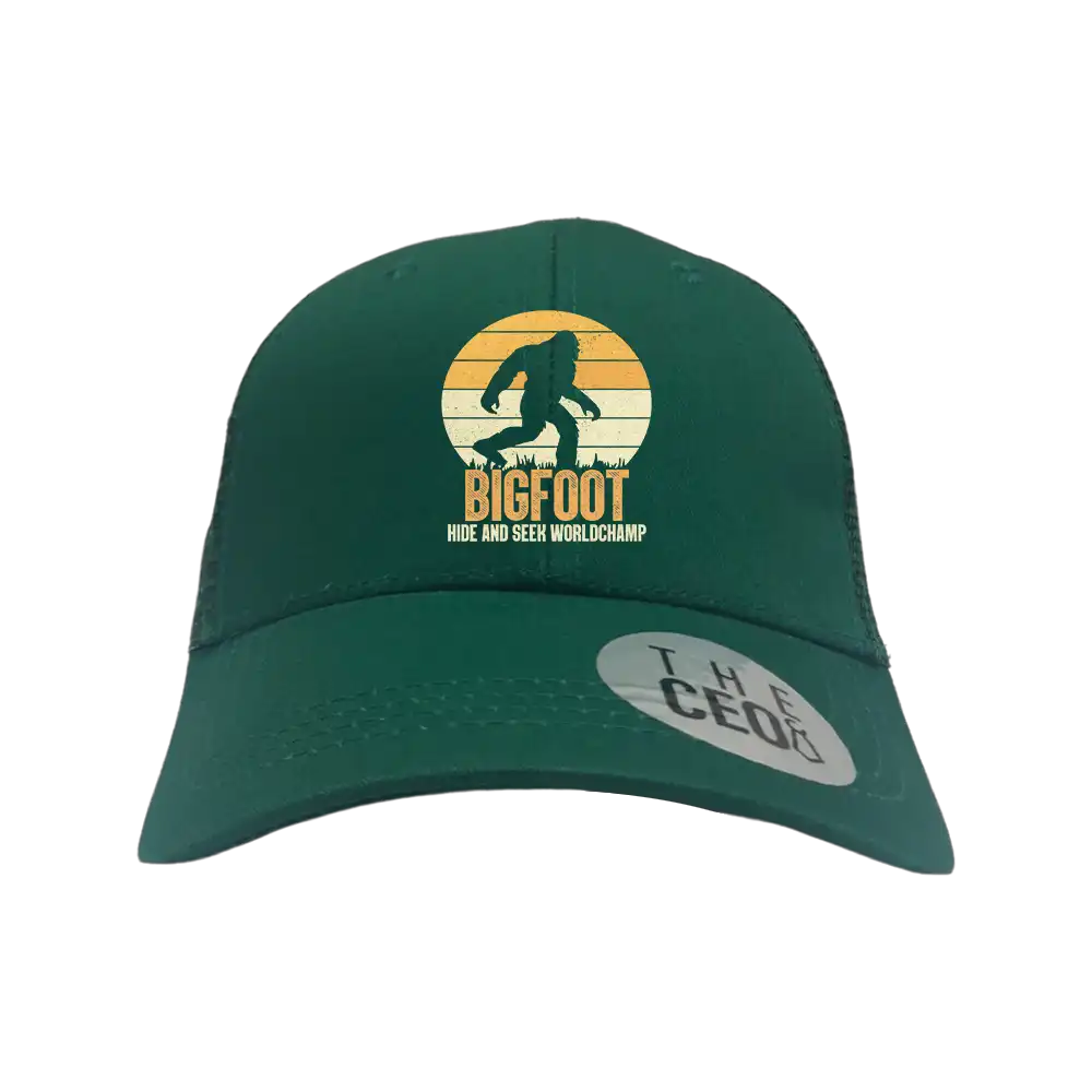 Bigfoot Hide And Seek Embroidered Trucker Hat featuring a unique design, adjustable snapback, and 100% cotton material.