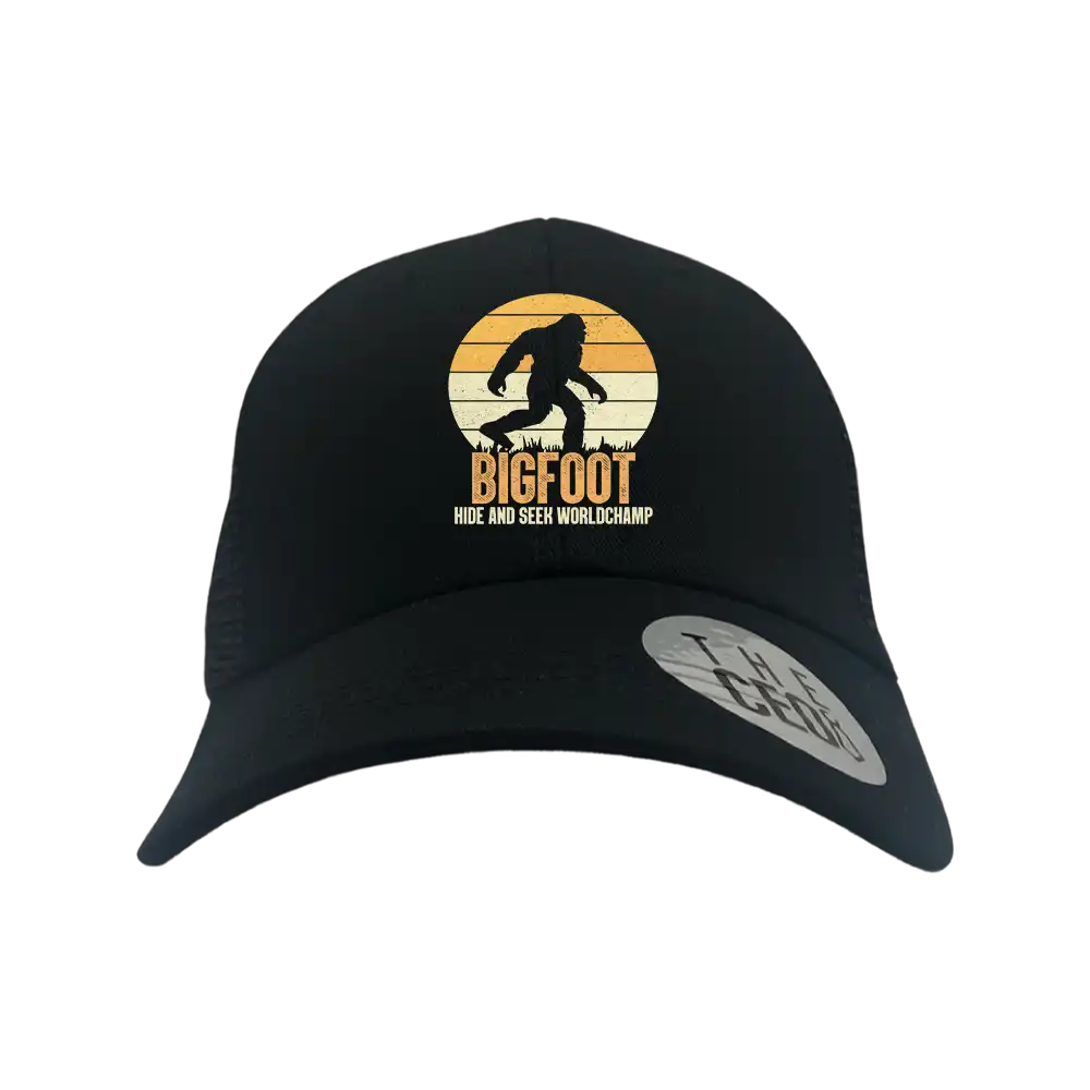 Bigfoot Hide And Seek Embroidered Trucker Hat featuring a unique design, adjustable snapback, and 100% cotton material.