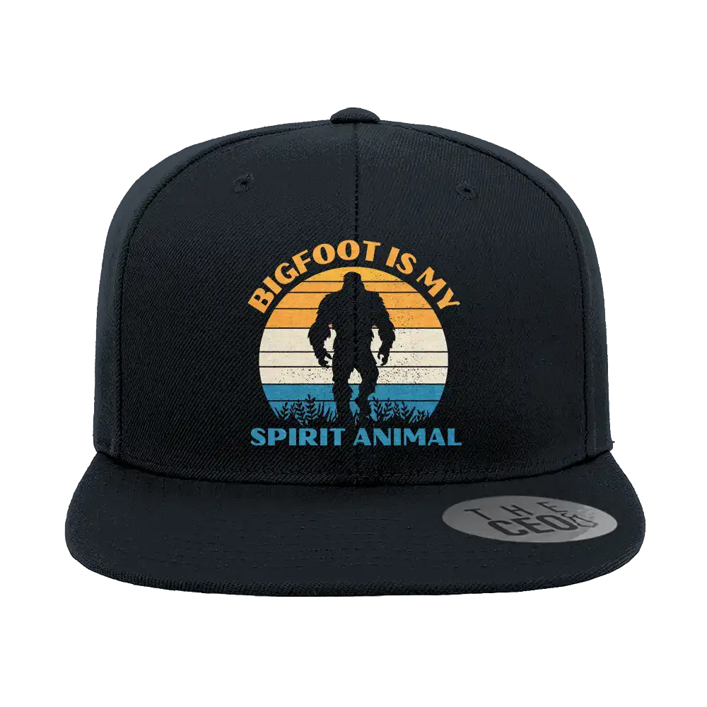 Bigfoot Is My Spirit Animal Embroidered Flat Bill Cap featuring a structured design and green under visor.