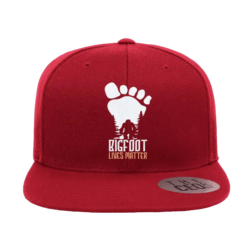 Bigfoot Lives Matter Embroidered Flat Bill Cap featuring a structured design and green under visor.