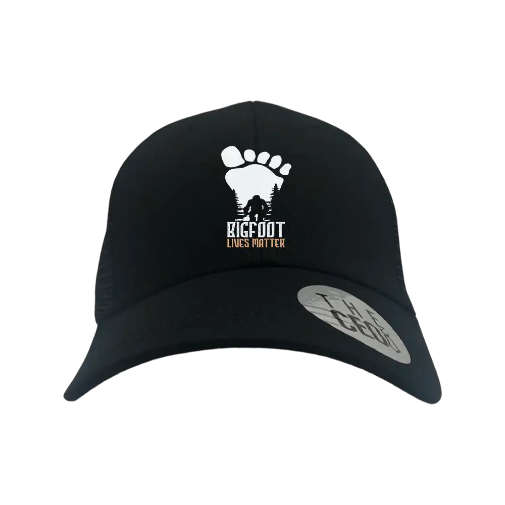 Bigfoot Lives Matter Embroidered Trucker Hat featuring a unique design with a snapback closure, perfect for outdoor enthusiasts.