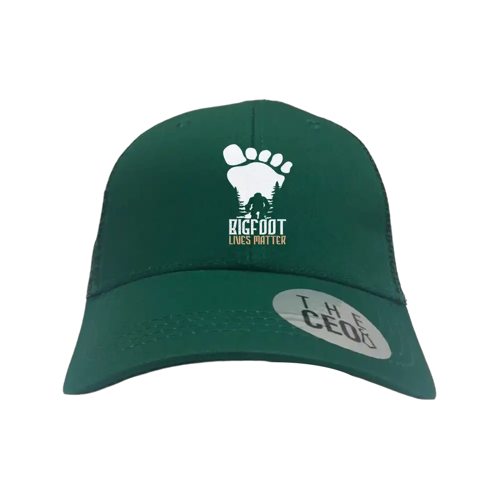 Bigfoot Lives Matter Embroidered Trucker Hat featuring a unique design with a snapback closure, perfect for outdoor enthusiasts.