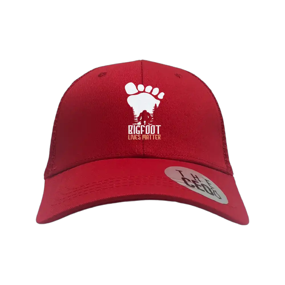 Bigfoot Lives Matter Embroidered Trucker Hat featuring a unique design with a snapback closure, perfect for outdoor enthusiasts.