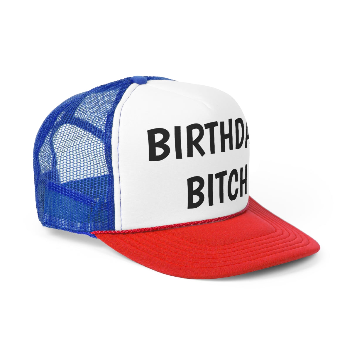 A stylish Birthday Bitch Trucker Hat featuring a bold design, durable polyester front, and breathable nylon mesh back.