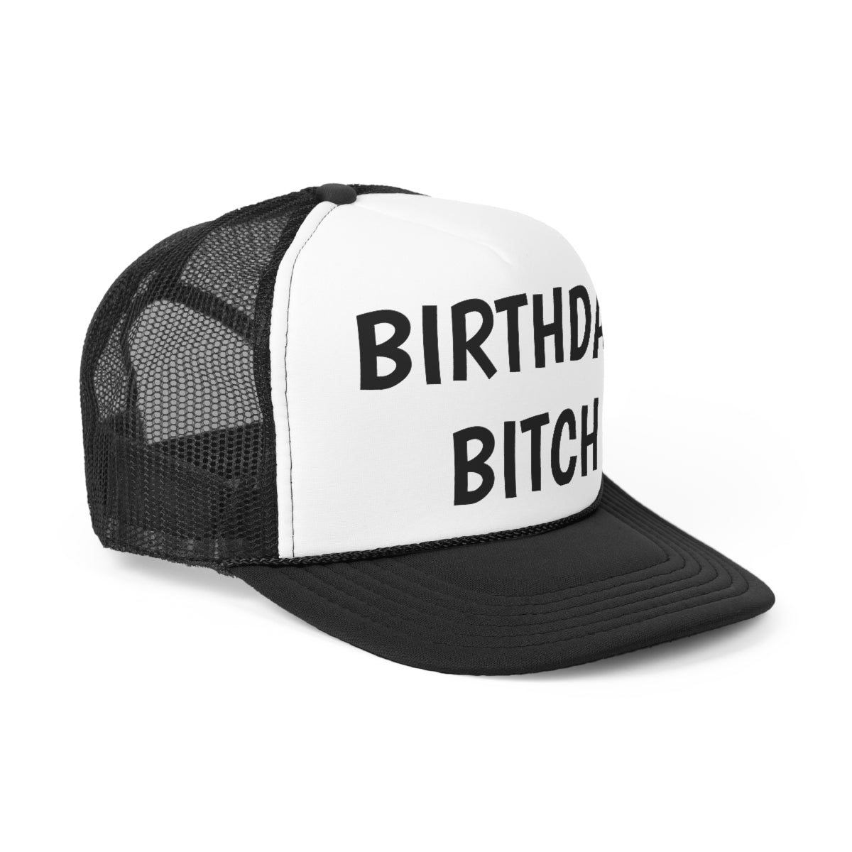 A stylish Birthday Bitch Trucker Hat featuring a bold design, durable polyester front, and breathable nylon mesh back.