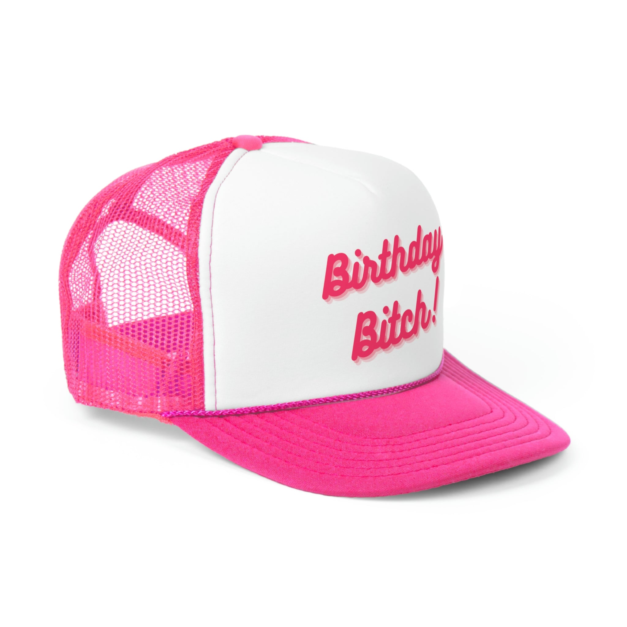 A stylish Birthday Bitch Trucker Hat featuring a bold design with a polyester front and mesh back, perfect for birthday celebrations.