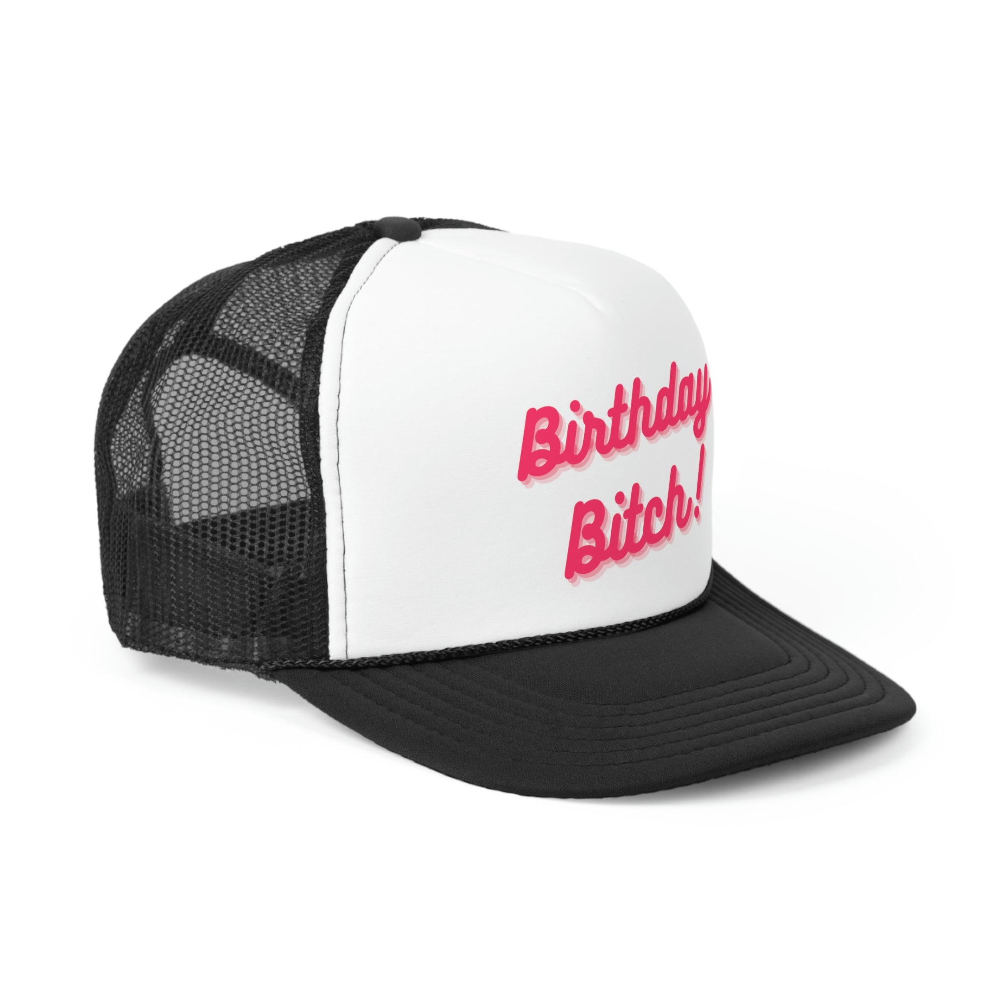 A stylish Birthday Bitch Trucker Hat featuring a bold design with a polyester front and mesh back, perfect for birthday celebrations.