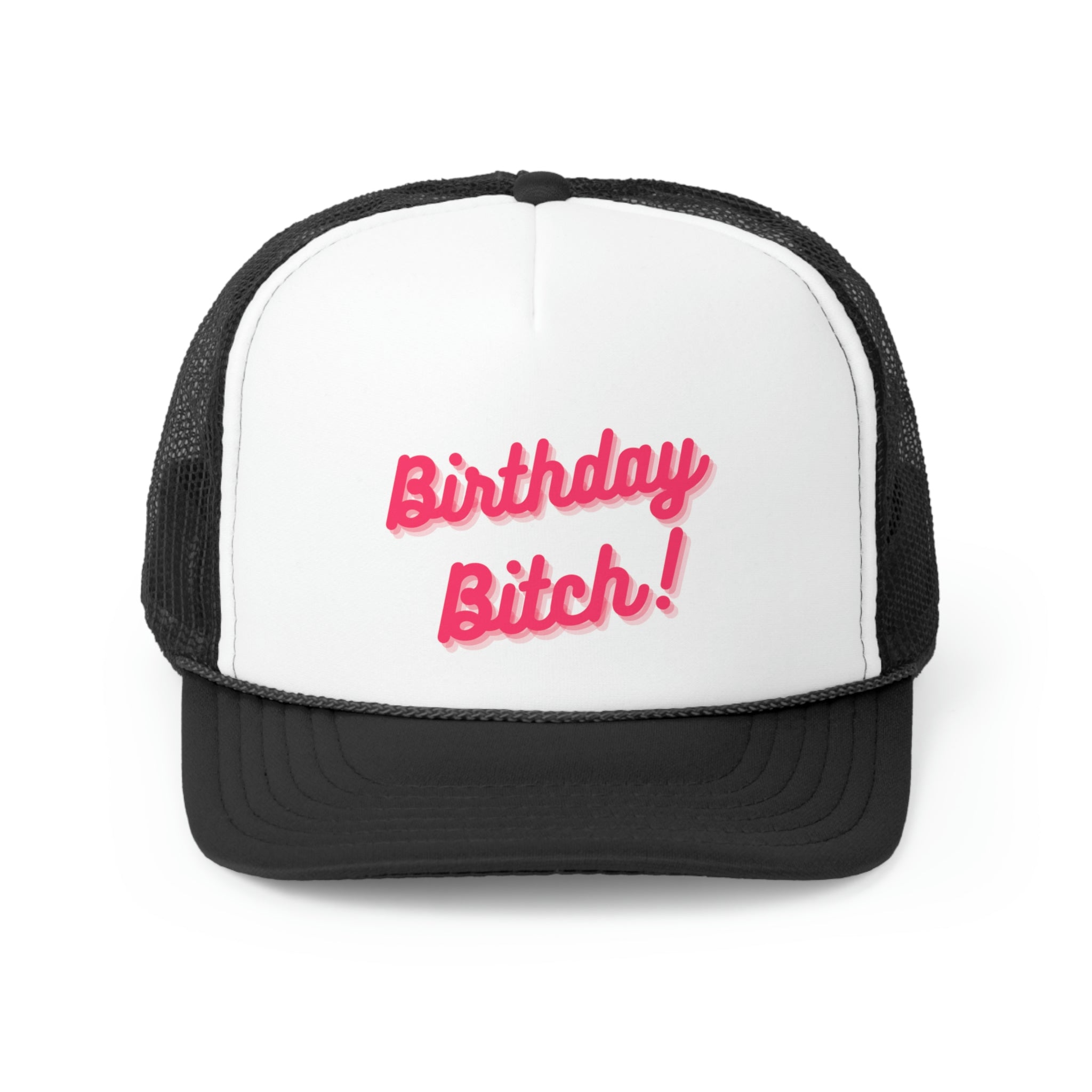 A stylish Birthday Bitch Trucker Hat featuring a bold design with a polyester front and mesh back, perfect for birthday celebrations.