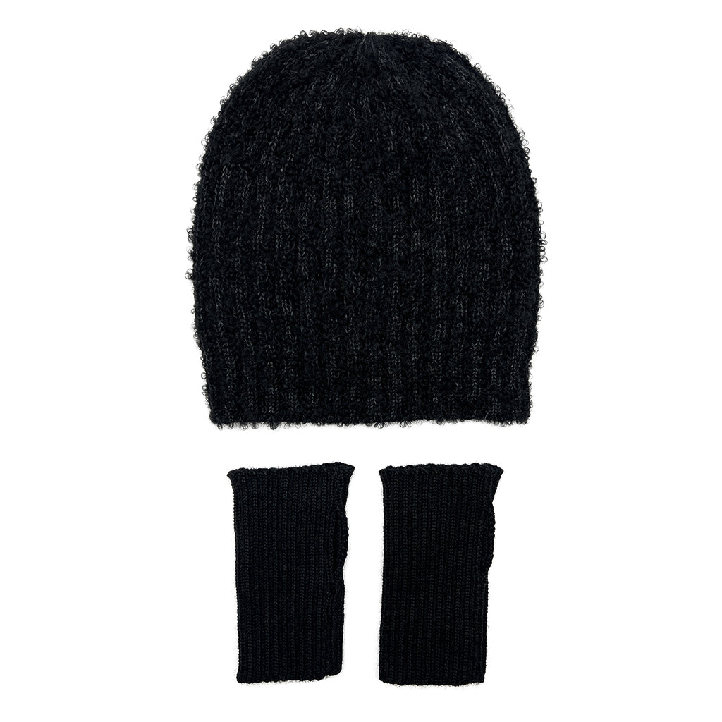 Black Loop Knit Alpaca Beanie showcasing a soft ribbed texture, perfect for winter wear, handmade in Peru.