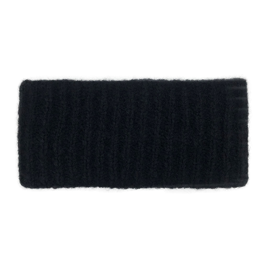 Black ribbed alpaca ear warmer headband, showcasing its cozy texture and luxurious feel, perfect for winter wear.