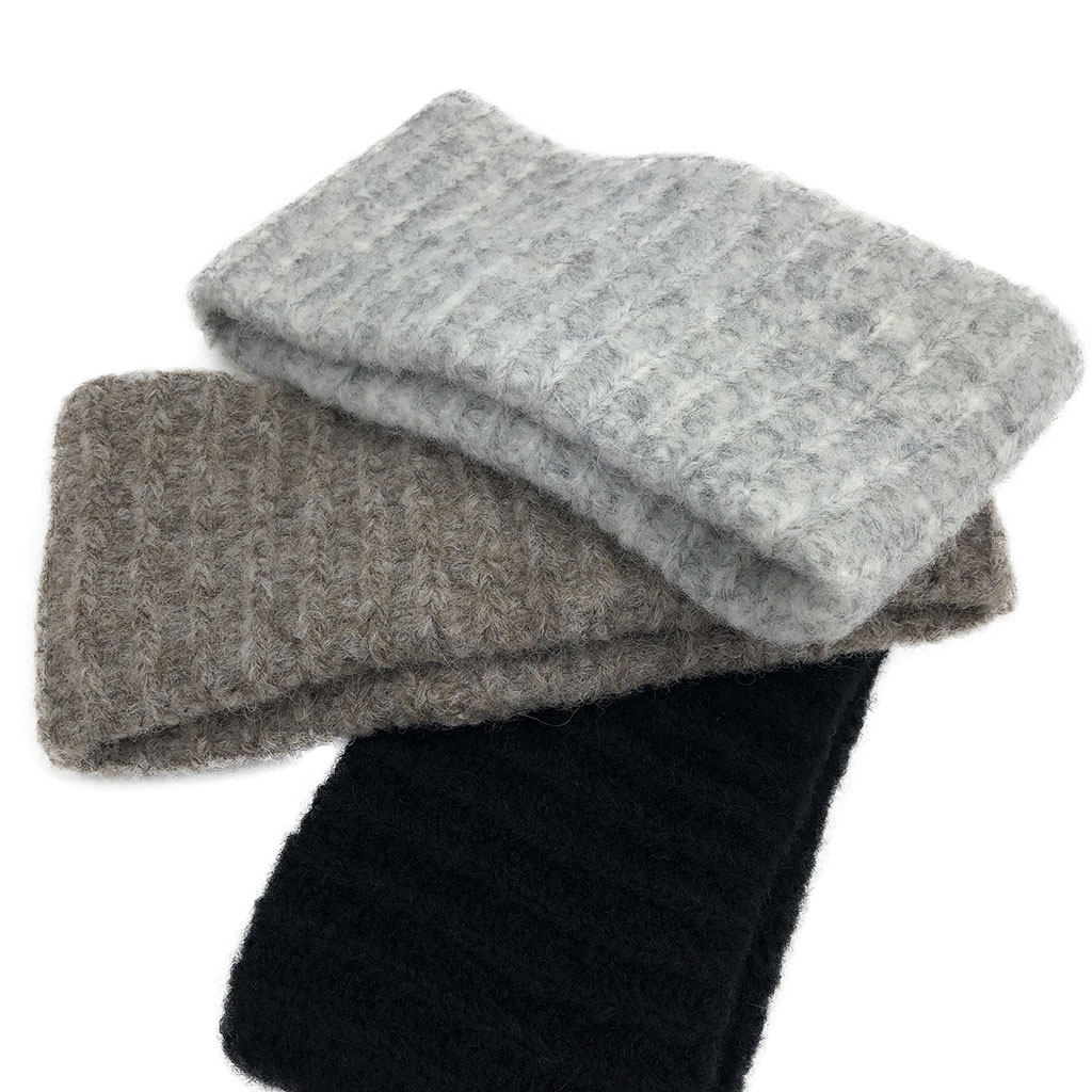 Black ribbed alpaca ear warmer headband, showcasing its cozy texture and luxurious feel, perfect for winter wear.