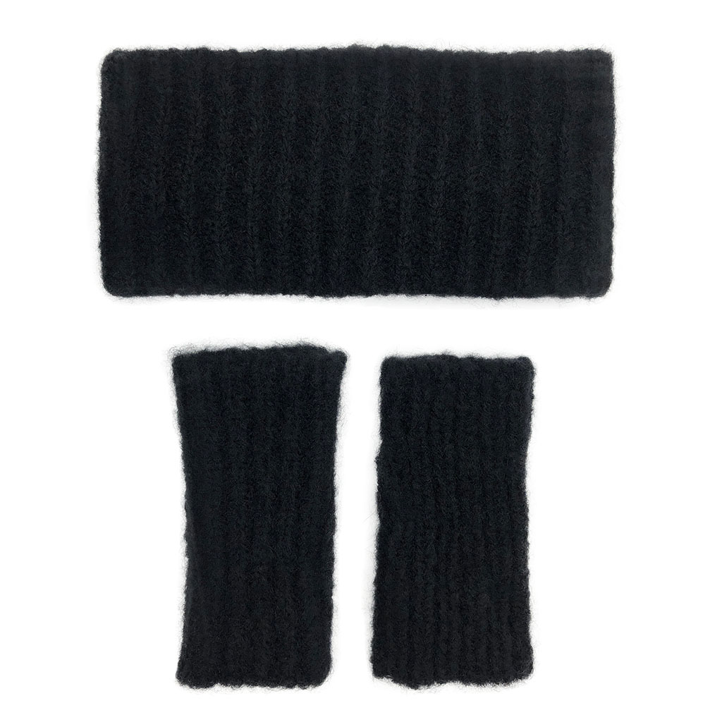 Black ribbed alpaca ear warmer headband, showcasing its cozy texture and luxurious feel, perfect for winter wear.