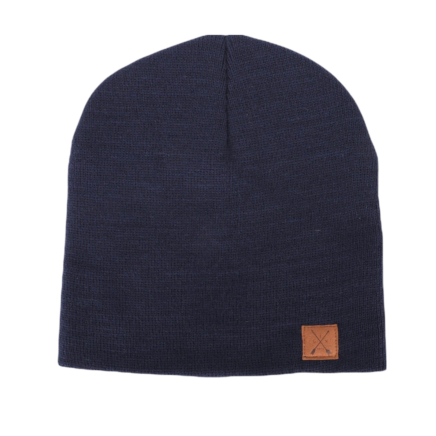 A stylish blue beanie with a suede arrow patch, perfect for winter sports and outdoor activities.