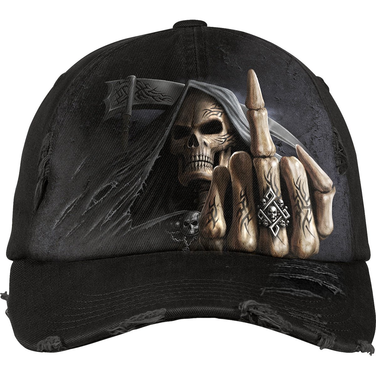 BONE FINGER baseball cap featuring a Grim Reaper skeleton design with a raised middle finger and distressed fabric, complete with a metal clasp.