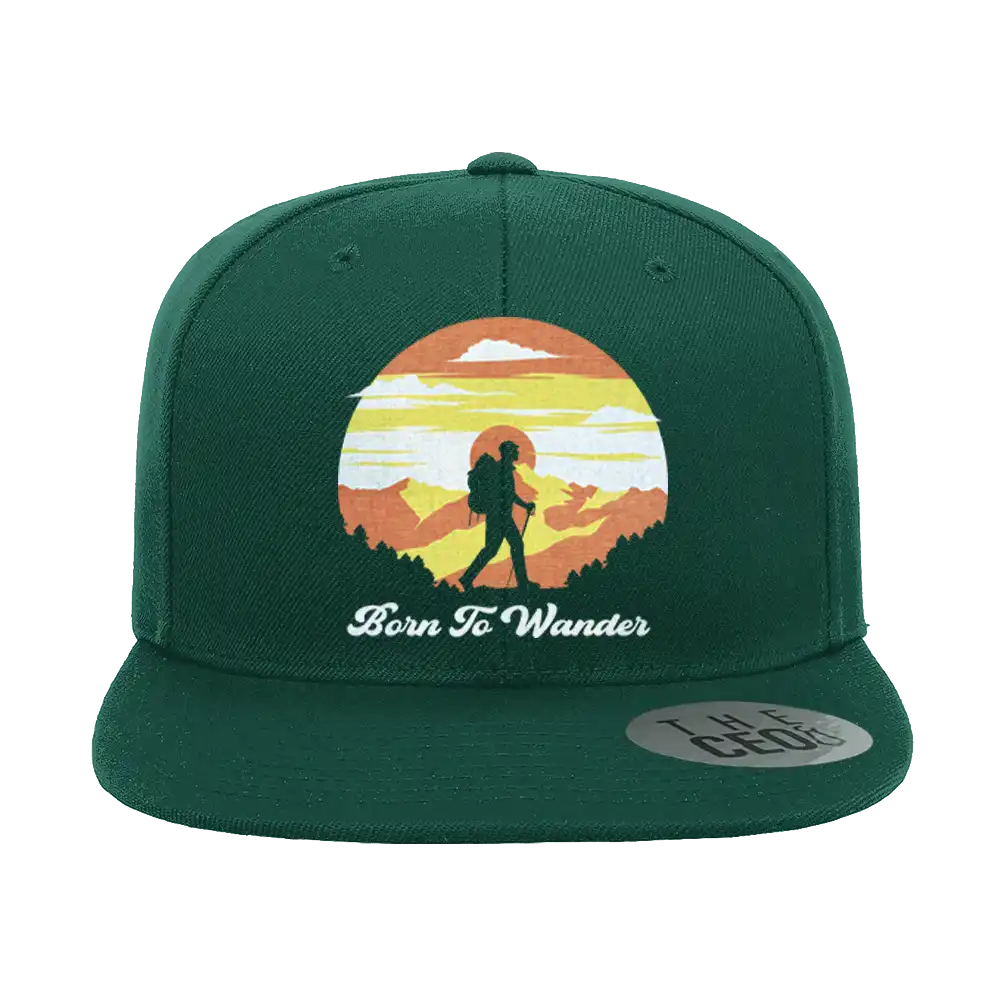 Born To Wander Embroidered Flat Bill Cap featuring a structured design, green under visor, and snapback closure, perfect for outdoor adventures.