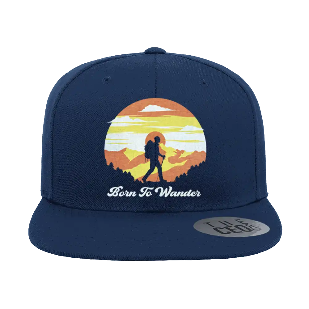 Born To Wander Embroidered Flat Bill Cap featuring a structured design, green under visor, and snapback closure, perfect for outdoor adventures.