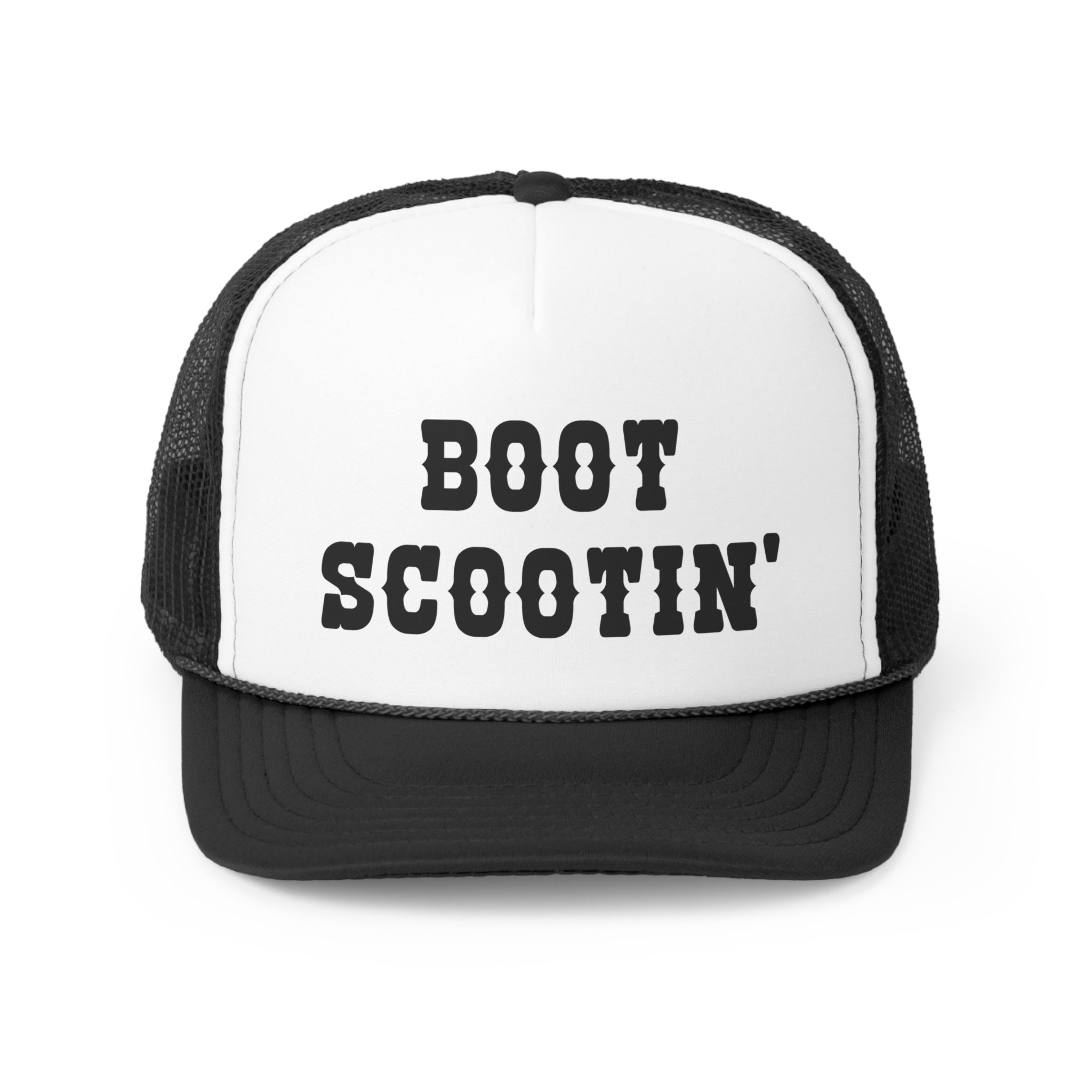 Boot Scootin' Trucker Hat featuring a humorous design, made from durable polyester and nylon mesh, adjustable snap closure.